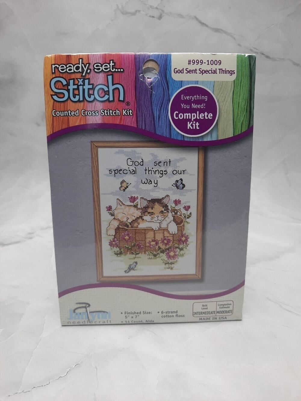 New Janlynn Counted Cross Stitch Kit God Sent Special Things Cat Flowers 5x7